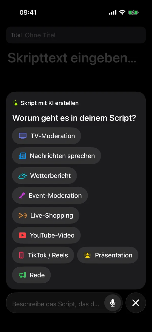 Mit KI schreiben: Themen wie TV-Moderation, Nachrichten und Wetterbericht, dazu eine Eingabezeile für eigene Wünsche