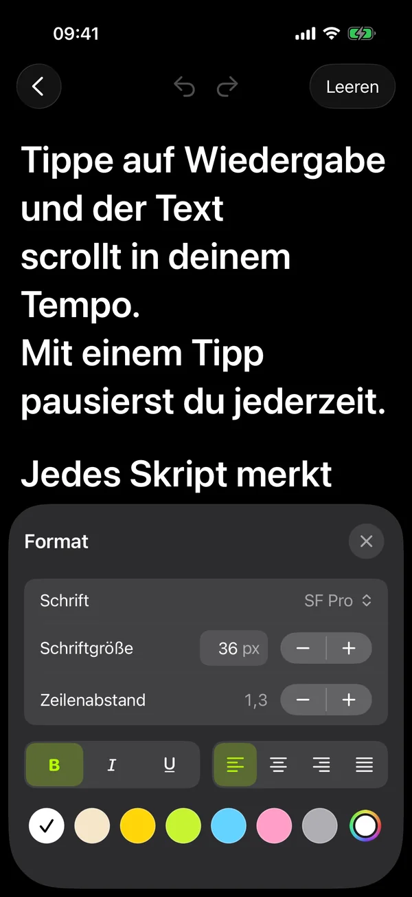 Formatierungsbereich mit Schriftart, Textgröße, Zeilenabstand und Textfarbe