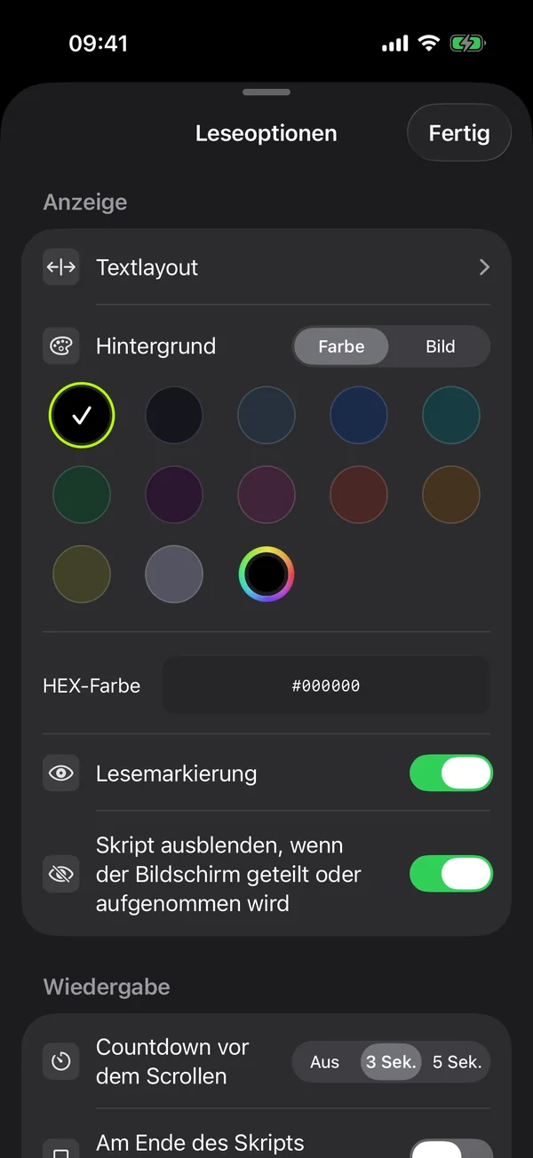 Leseoptionen: Hintergrundfarbe, Blicklinie und Countdown