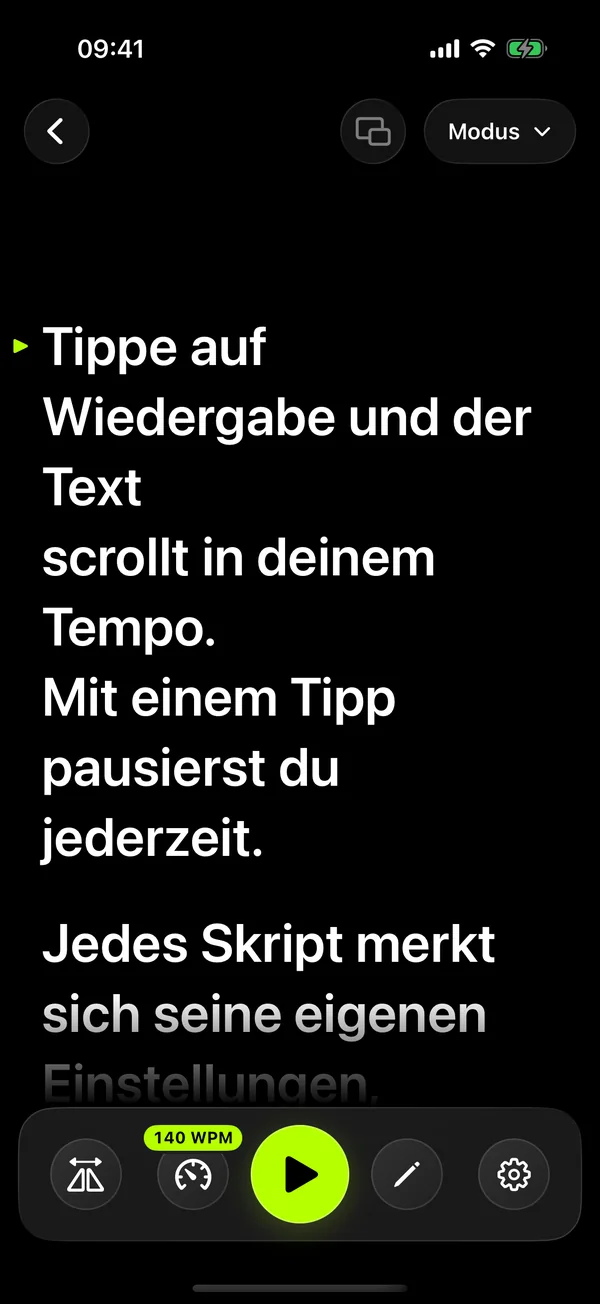 SolPrompter-Leseansicht mit großem Text und Tempo-Reglern