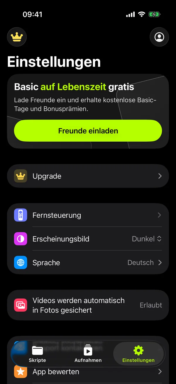 App-Einstellungen: Fernbedienung, Darstellung, Sprache