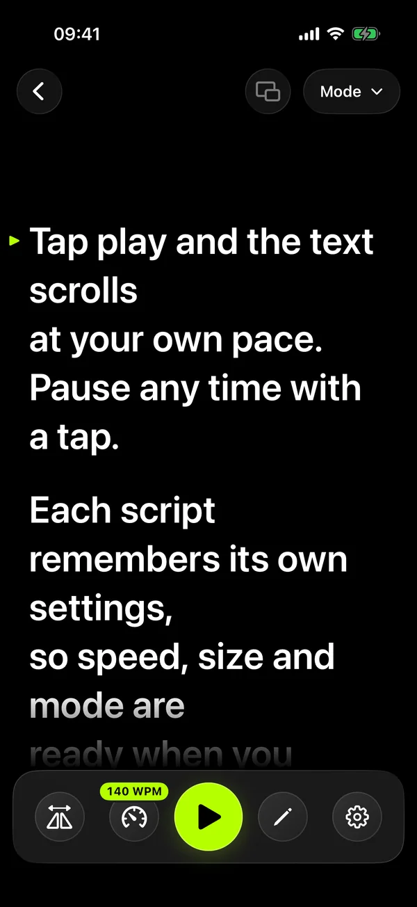 SolPrompter reading screen with large text and speed controls