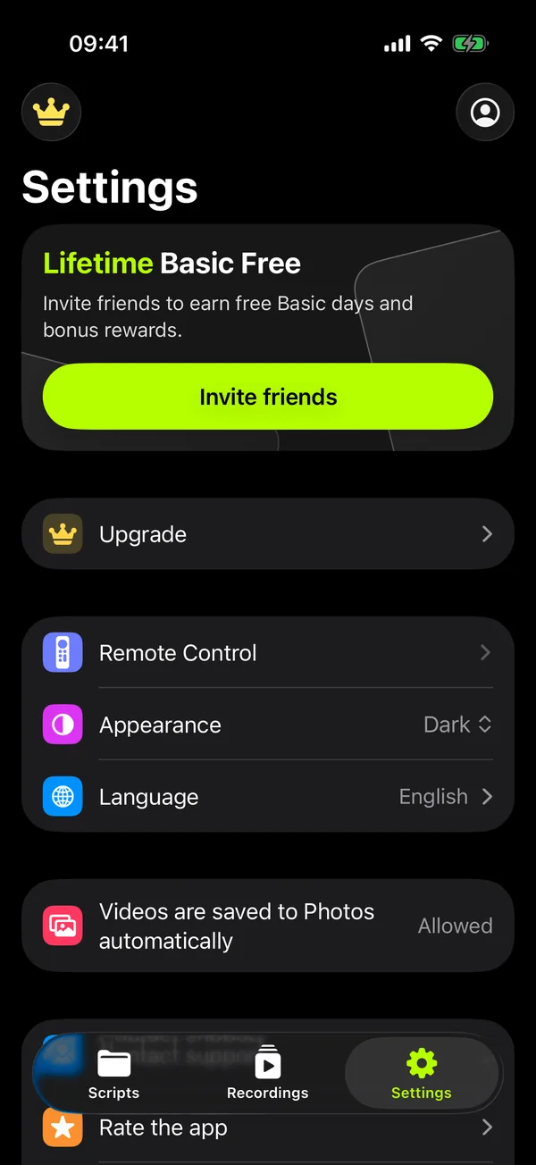 App settings: remote control, appearance, language