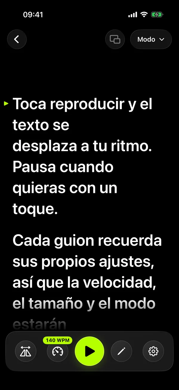 Pantalla de lectura de SolPrompter con texto grande y controles de velocidad
