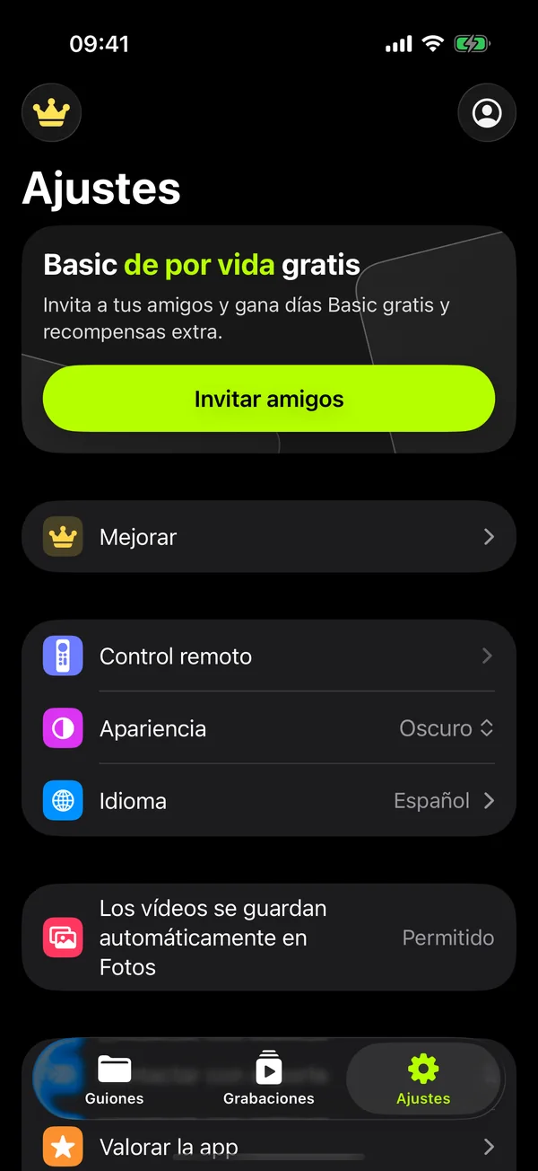 Ajustes de la app: control remoto, apariencia, idioma