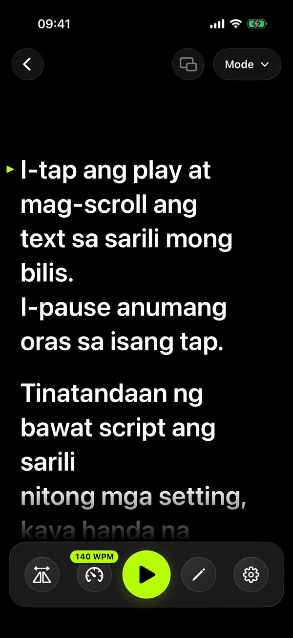 Reading screen ng SolPrompter na may malaking text at speed controls
