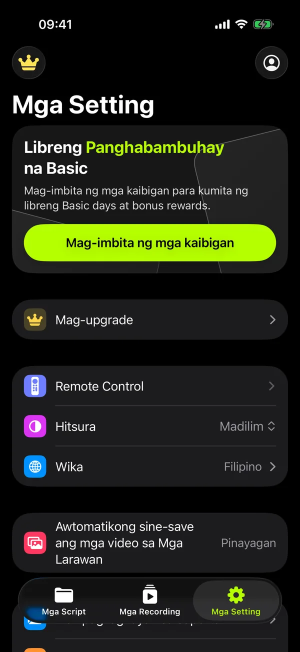 Mga setting ng app: remote control, itsura, wika