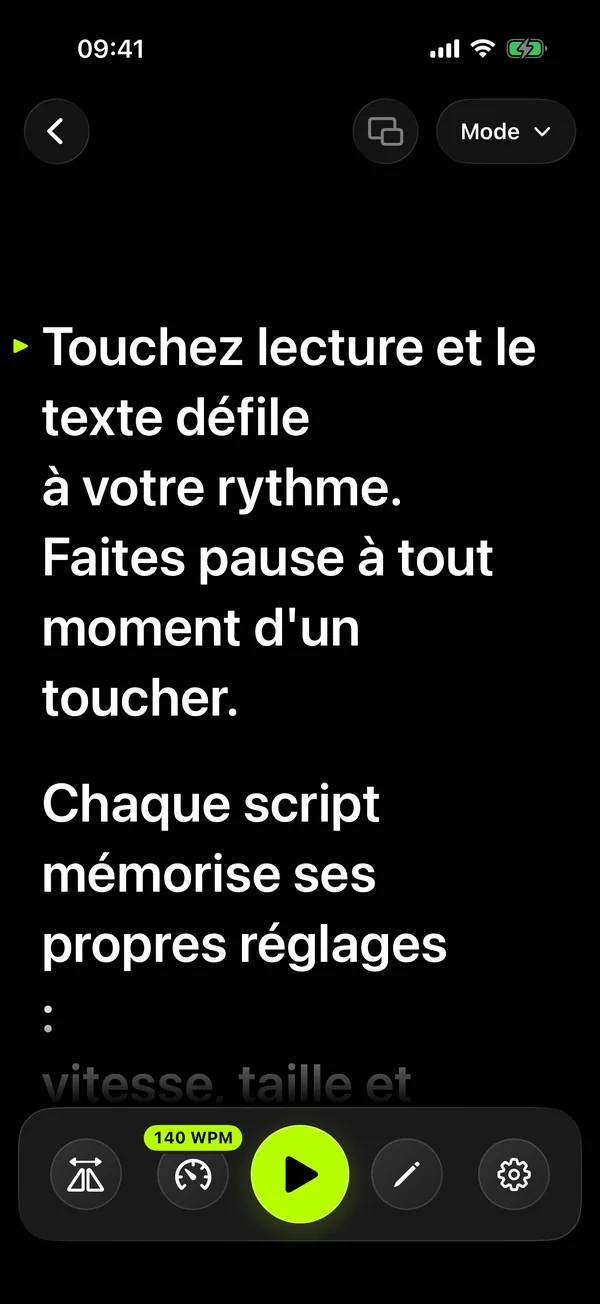 Écran de lecture SolPrompter avec texte en grand et réglages de vitesse