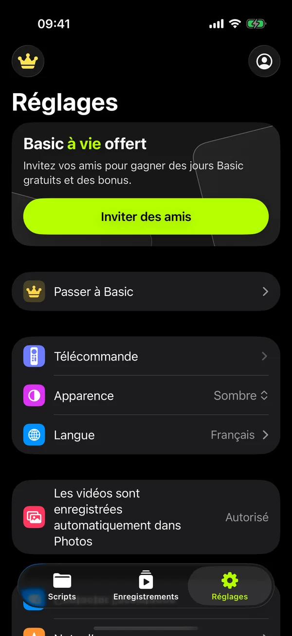 Réglages de l'app : télécommande, apparence, langue