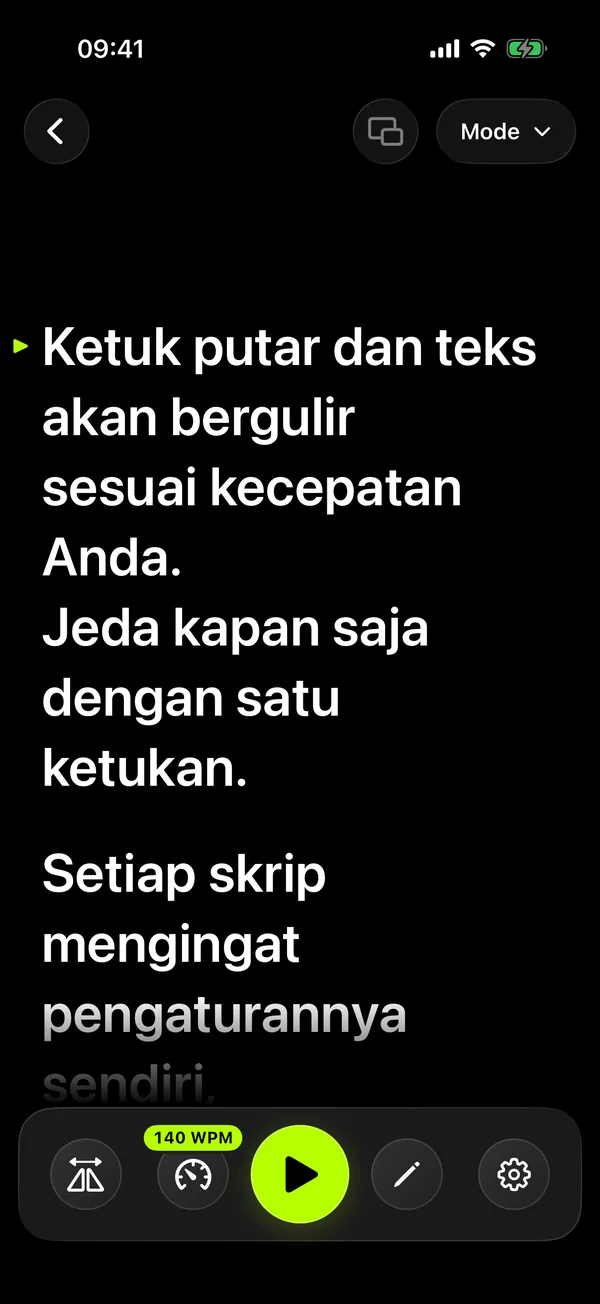 Layar baca SolPrompter dengan teks besar dan kontrol kecepatan