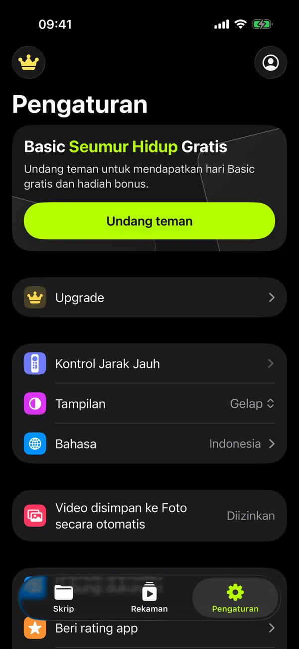 Pengaturan aplikasi: kontrol jarak jauh, tampilan, bahasa