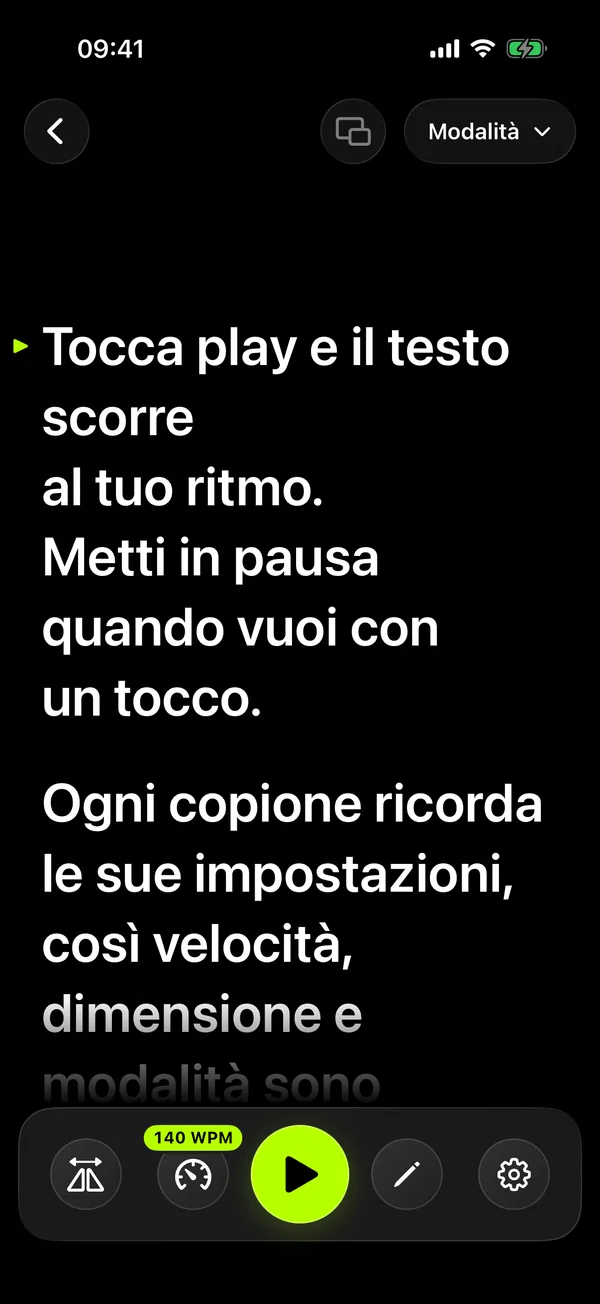 Schermata di lettura di SolPrompter con testo grande e controlli di velocità