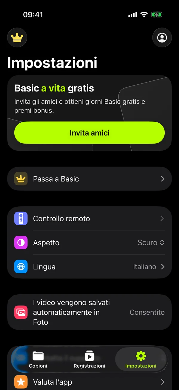 Impostazioni dell'app: telecomando, aspetto, lingua