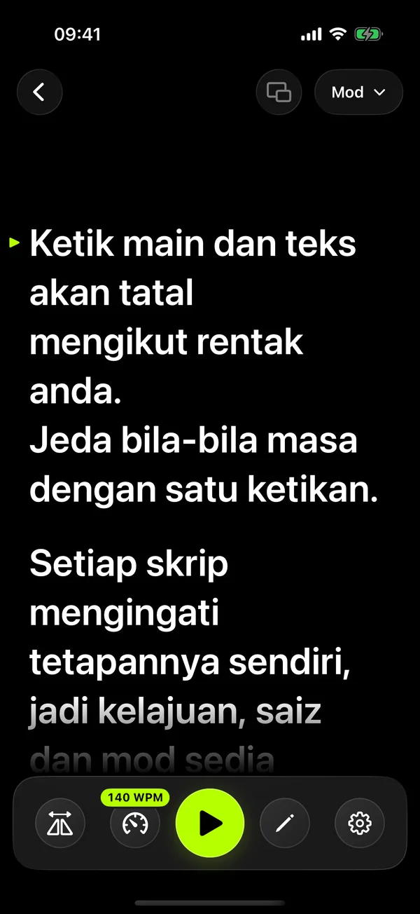 Skrin bacaan SolPrompter dengan teks besar dan kawalan kelajuan