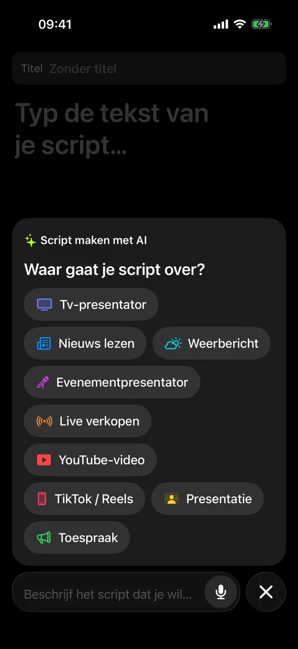Schrijven met AI: onderwerpen zoals tv-presentator, nieuws lezen en weerbericht, plus een invoerbalk