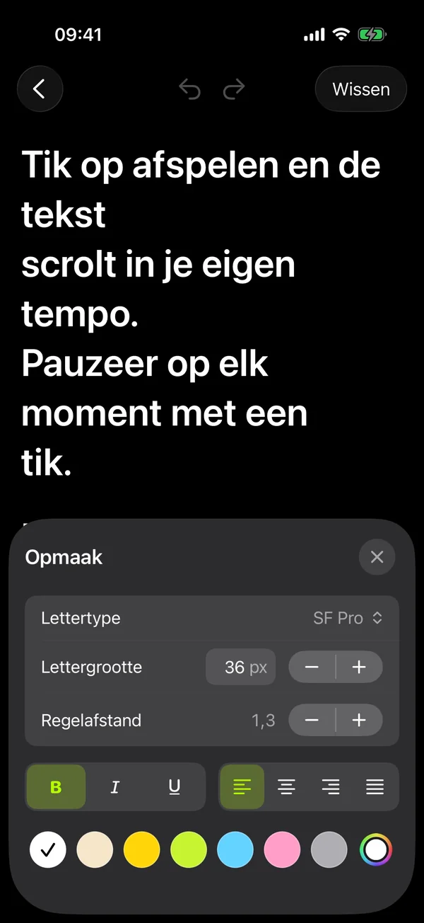 Opmaakpaneel met lettertype, tekstgrootte, regelafstand en tekstkleur