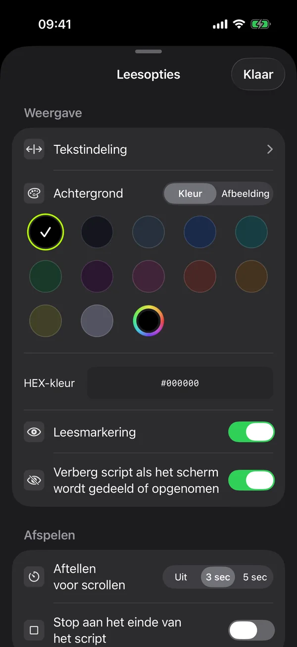 Leesopties: achtergrondkleur, ooglijn en aftellen