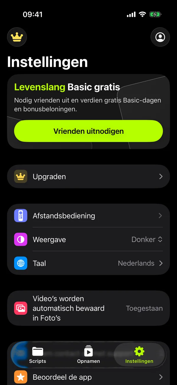 App-instellingen: afstandsbediening, uiterlijk, taal