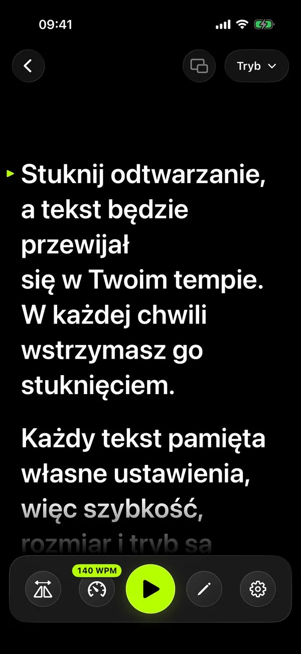 Ekran czytania SolPrompter z dużym tekstem i regulacją prędkości