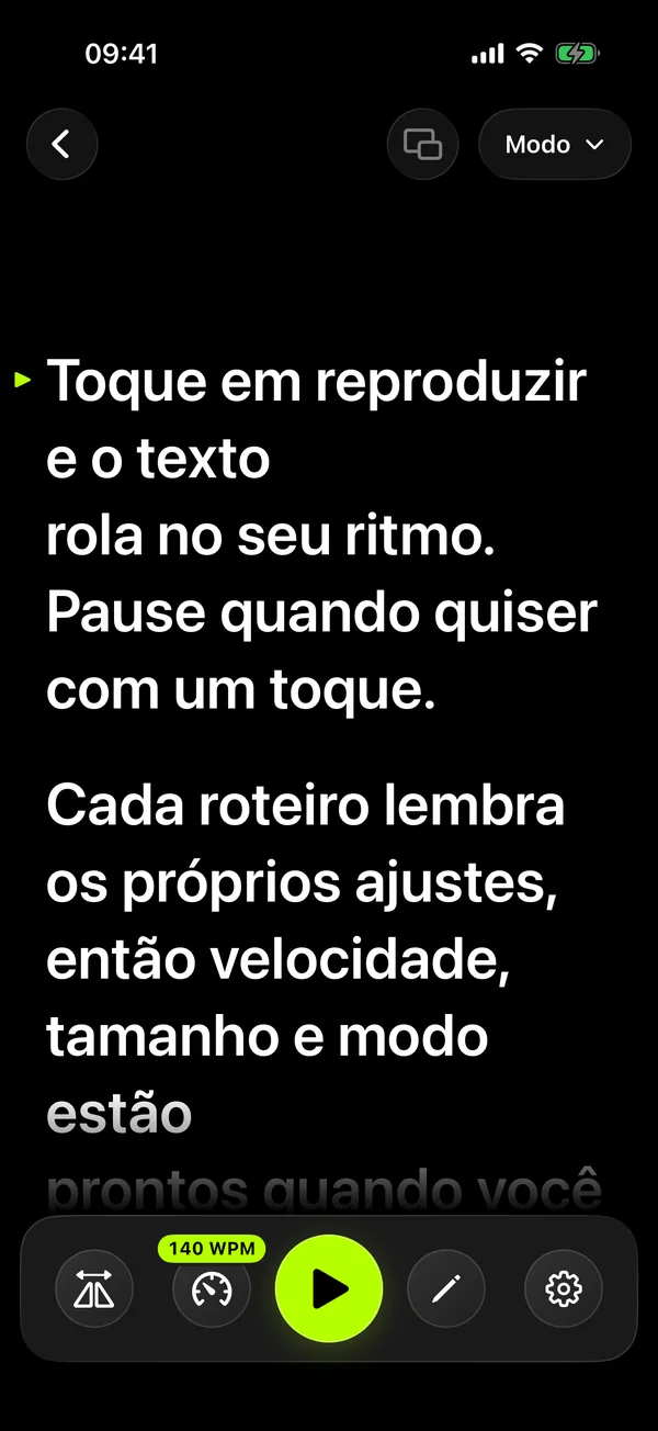 Tela de leitura do SolPrompter com texto grande e controles de velocidade