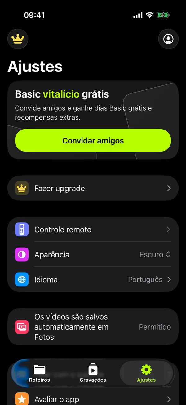 Configurações do app: controle remoto, aparência, idioma