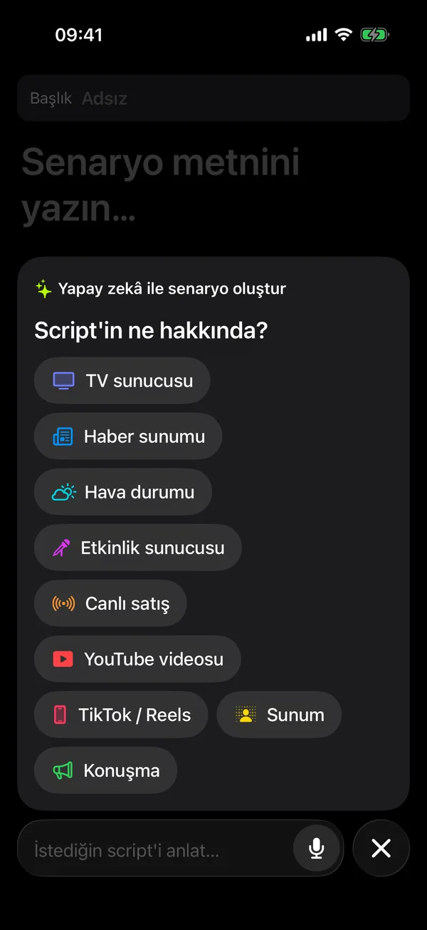 Yapay zekayla yazma: TV sunuculuğu, haber okuma ve hava durumu gibi konular ile bir istem çubuğu
