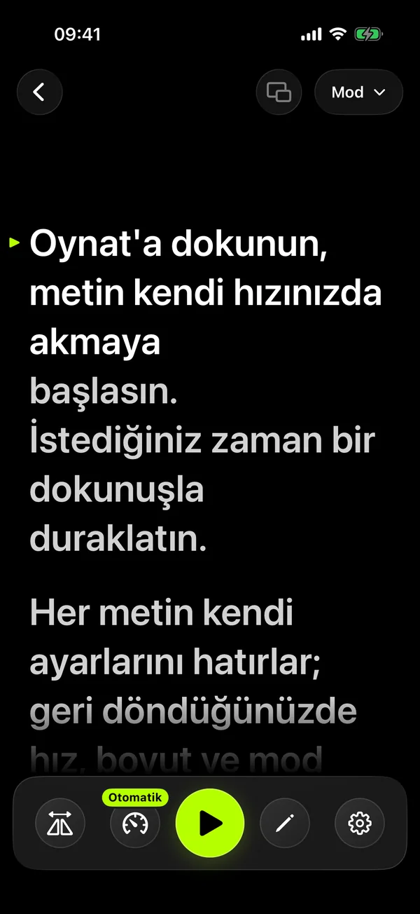 Otomatik mod: metin sesinizle birlikte kayar