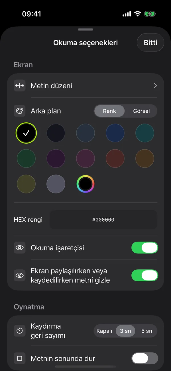 Okuma seçenekleri: arka plan rengi, göz hizası ve geri sayım