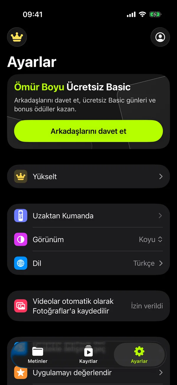Uygulama ayarları: uzaktan kumanda, görünüm, dil