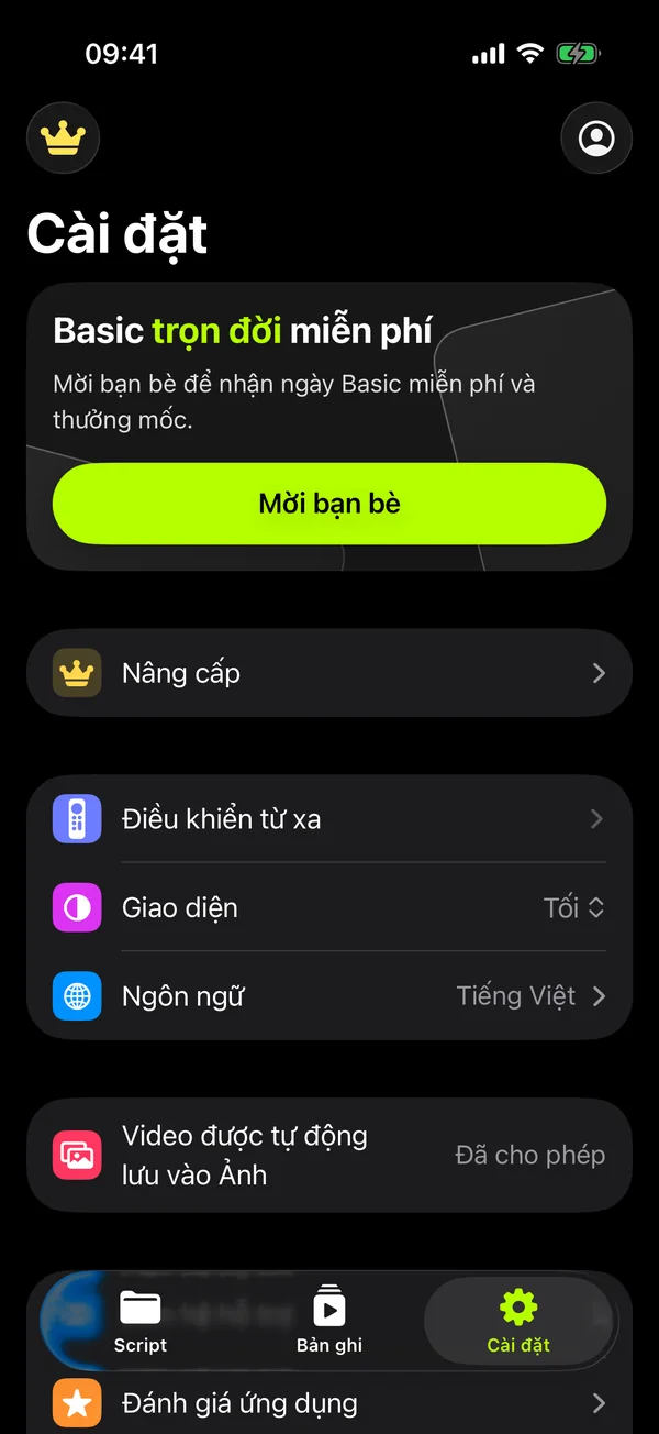 Cài đặt app: điều khiển từ xa, giao diện, ngôn ngữ