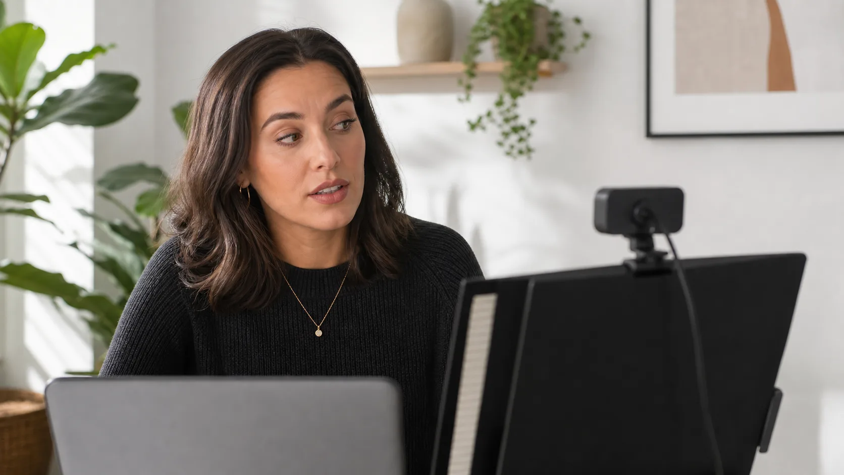 Creator correcting their eye line while recording with a laptop teleprompter