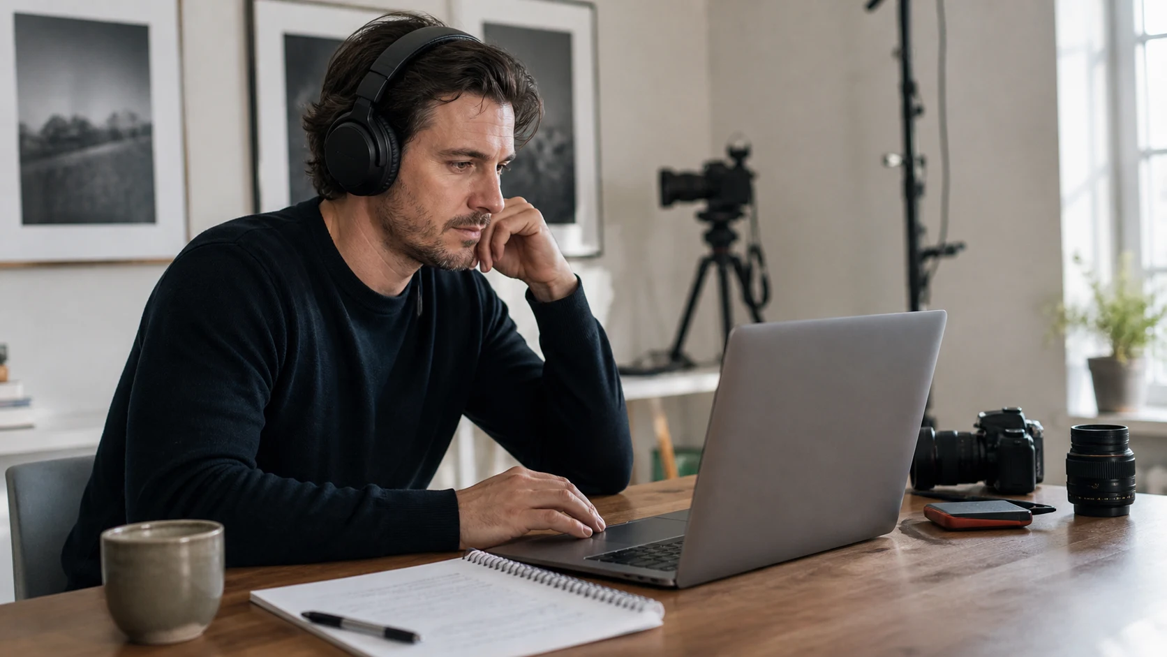 Creator wearing headphones while reviewing a video at a home-studio desk