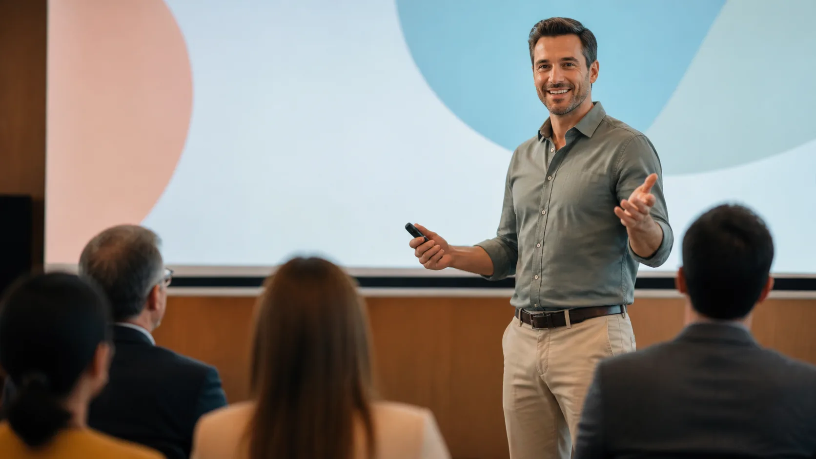 Speaker confidently closing a presentation for a small audience