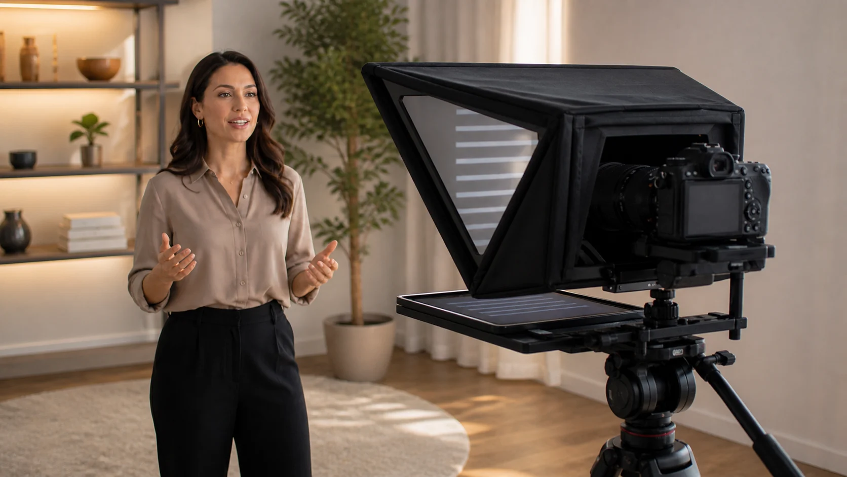 Relaxed presenter gesturing naturally toward a camera inside a beam-splitter teleprompter