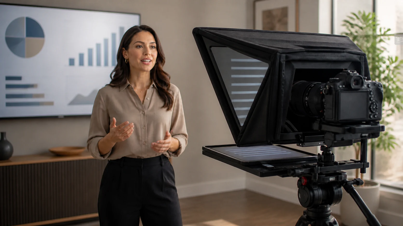 Presenter recording with slides while the camera sits behind beam-splitter teleprompter glass