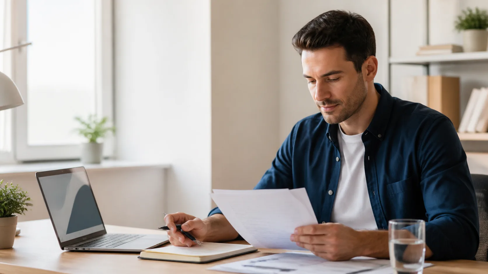 Job candidate preparing for an interview with a role description and research notes at a desk