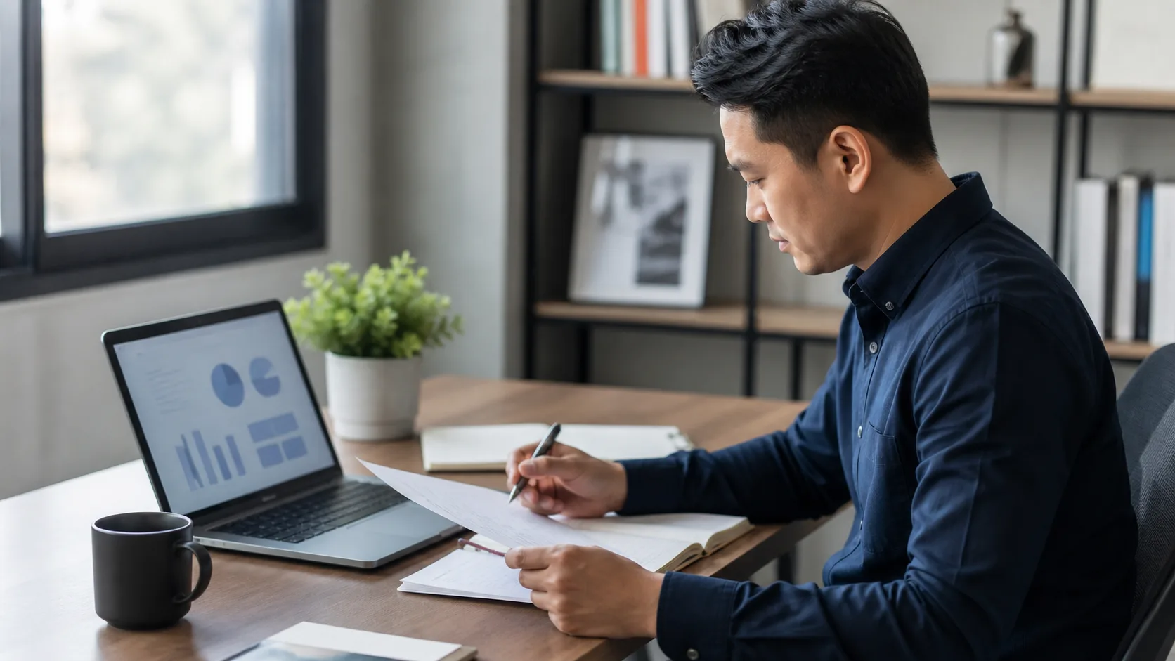Professional reviewing an agenda and notes before a work meeting