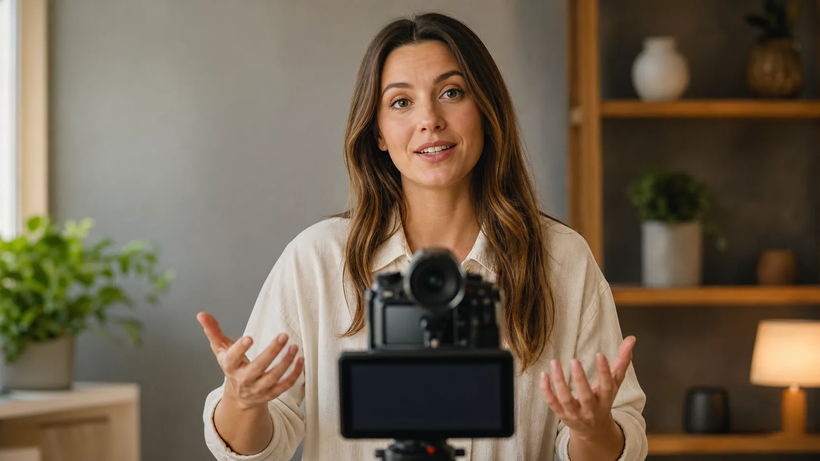 Creator speaking naturally to a camera with a teleprompter placed below the lens