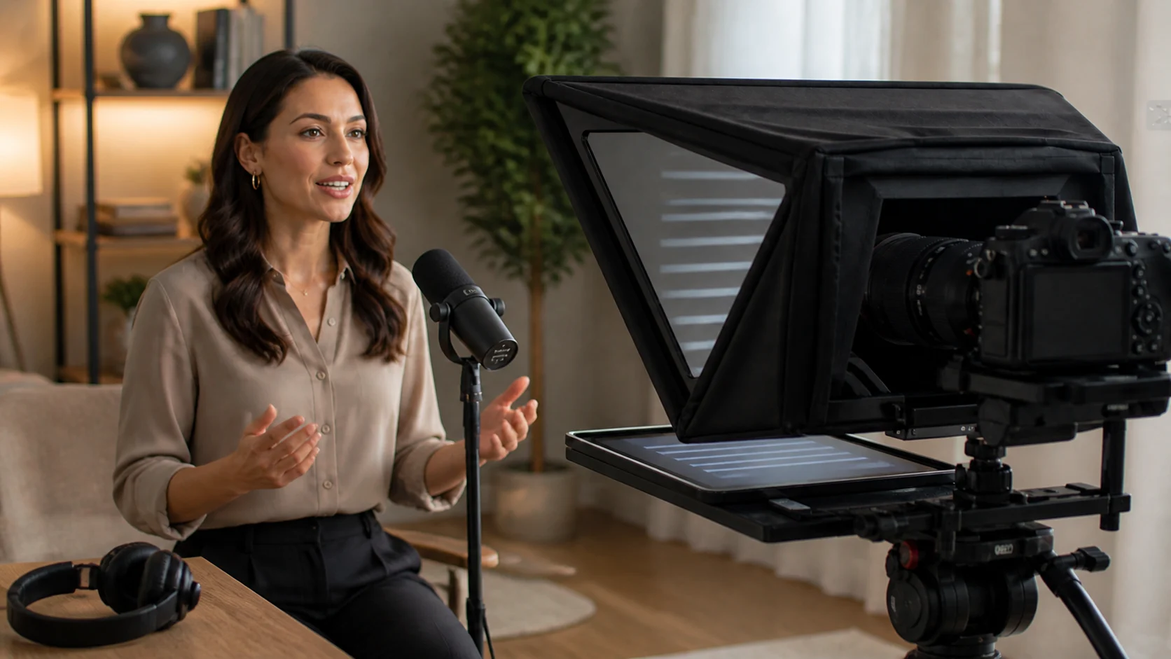 Presenter speaking naturally into a microphone while using a beam-splitter teleprompter