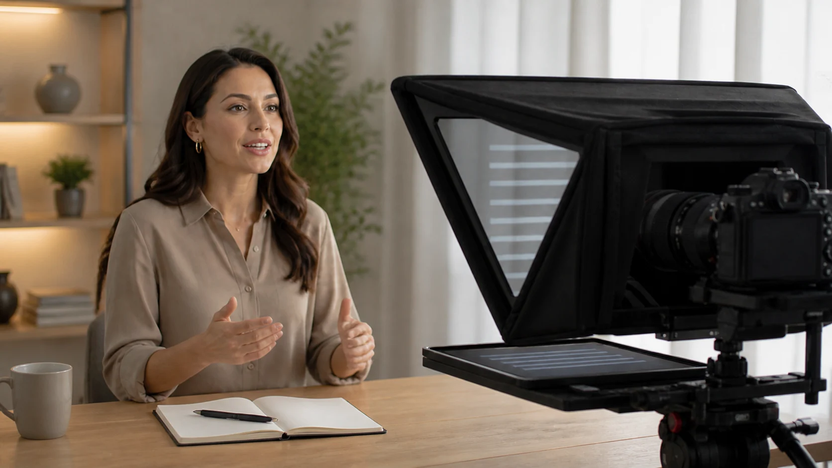 Creator practicing confidently with a camera mounted behind beam-splitter teleprompter glass