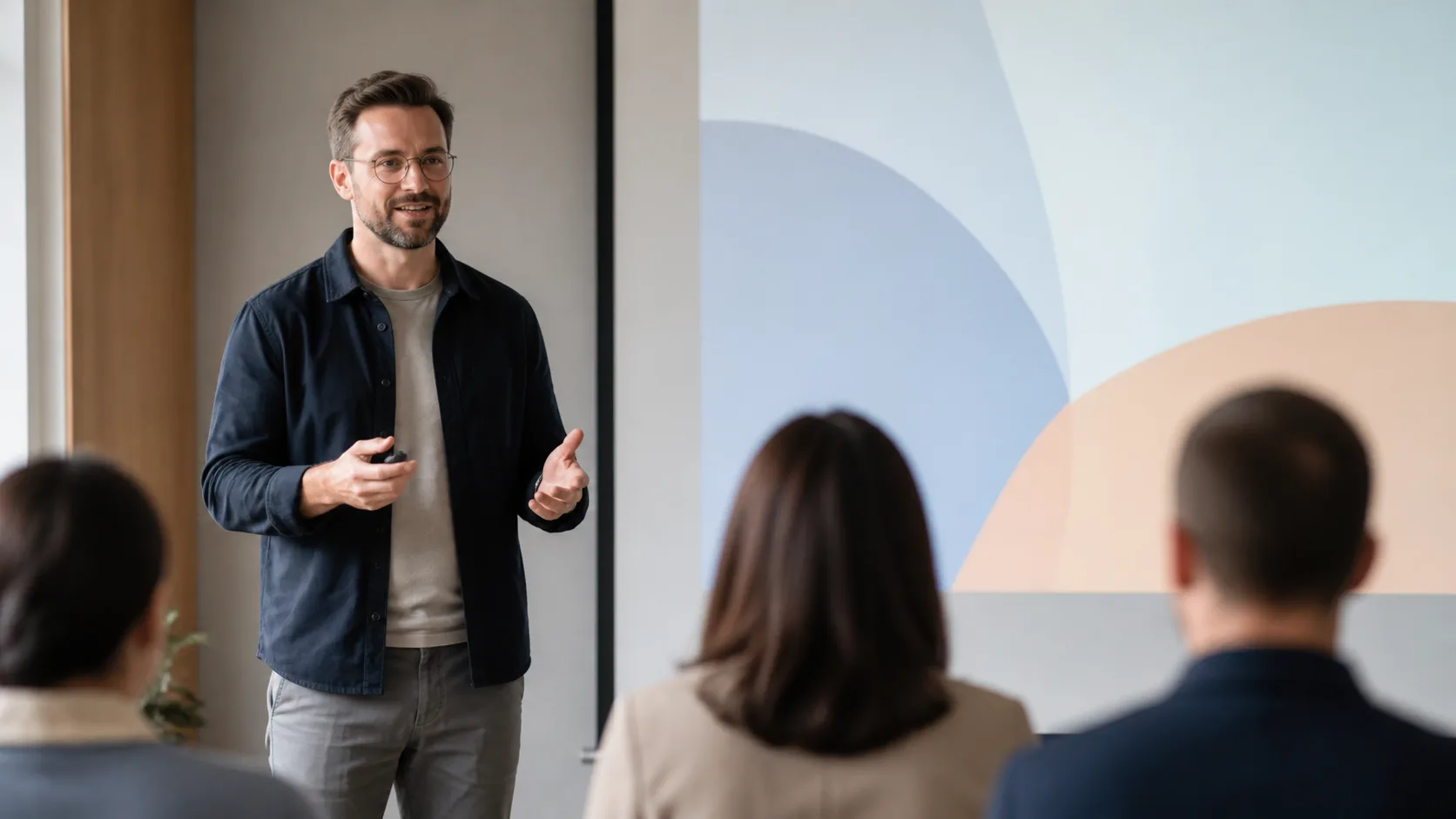 Presenter beginning a talk in a modern conference room