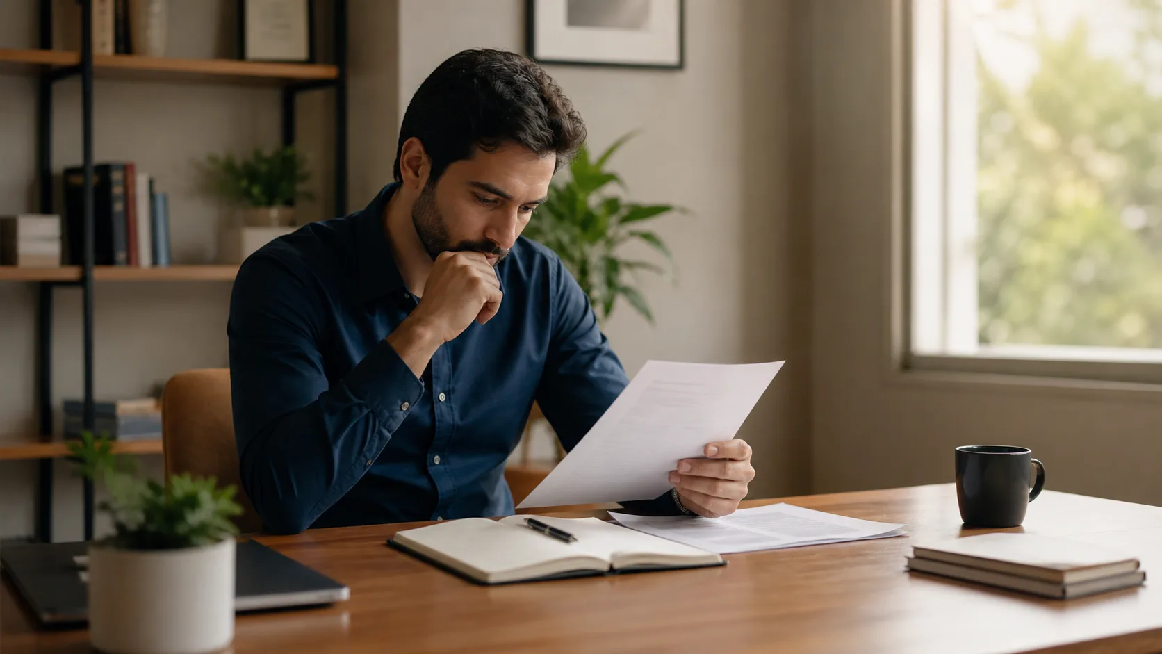 Professional preparing notes for an interview and a meeting agenda at a desk