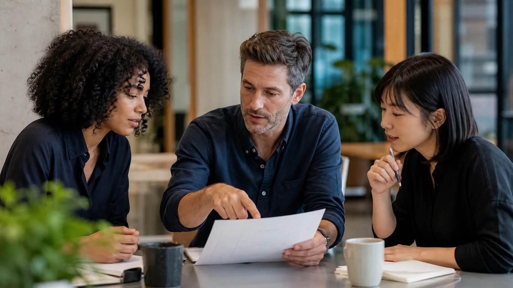 Meeting leader reviewing a concise agenda with a team at a table