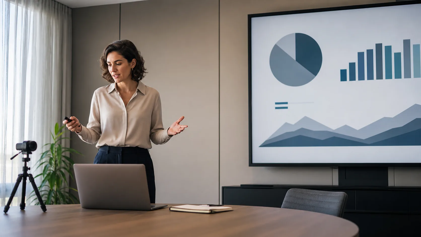 Professional rehearsing a presentation in a meeting room with a laptop and screen
