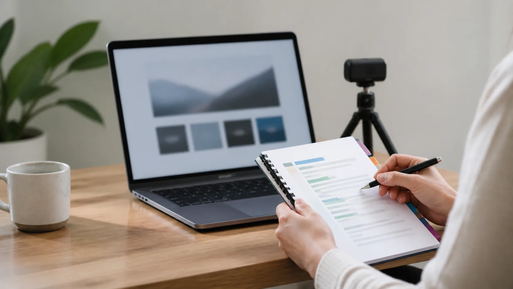 Presenter preparing a slide-by-slide speaking script beside a laptop presentation