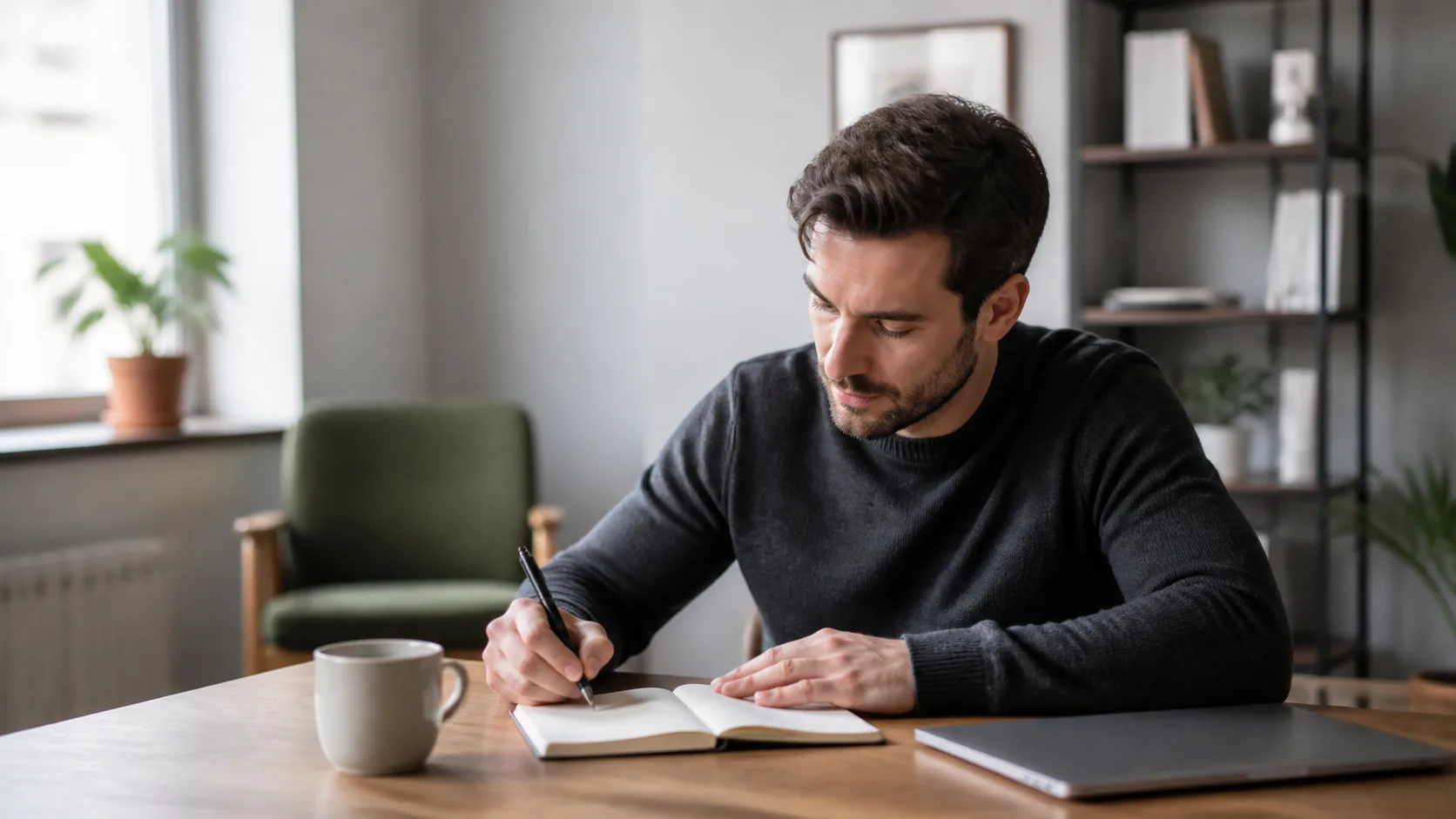 Job candidate writing thoughtful questions before an interview