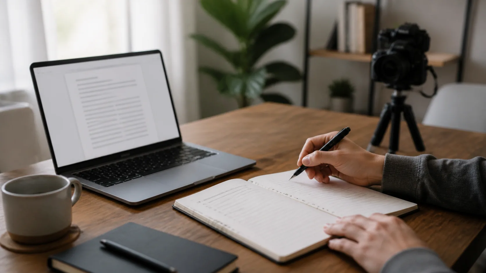 Writer planning a spoken video script with a laptop, notebook, and camera on a desk