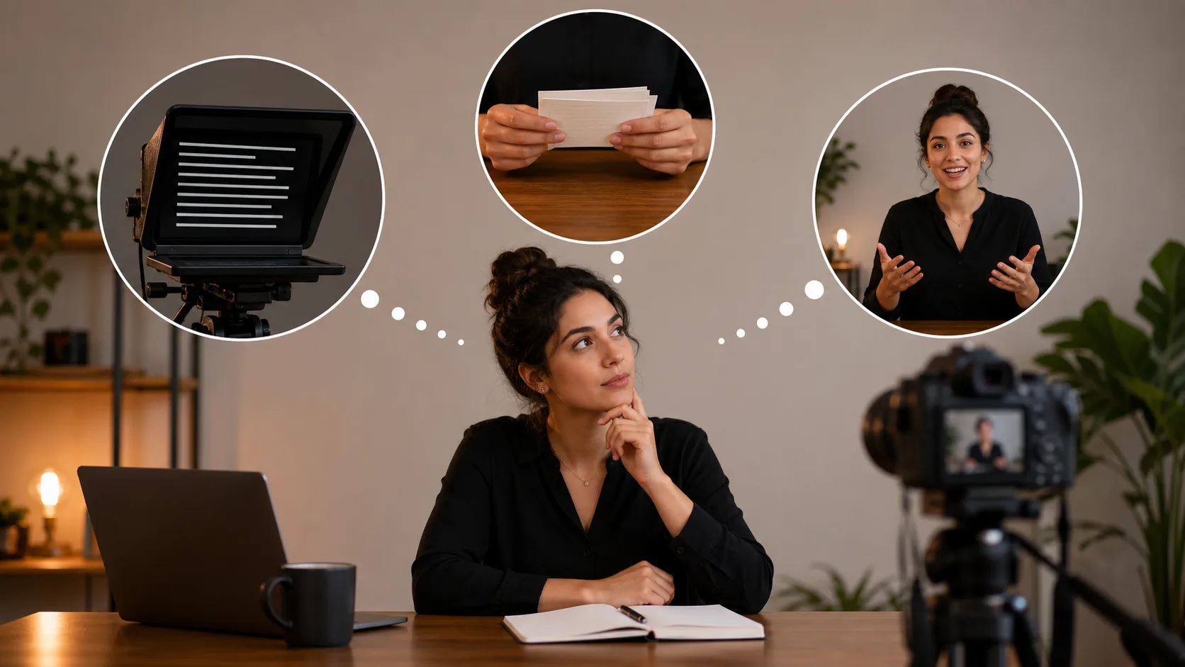 Creator choosing between a teleprompter, cue cards, and speaking to camera