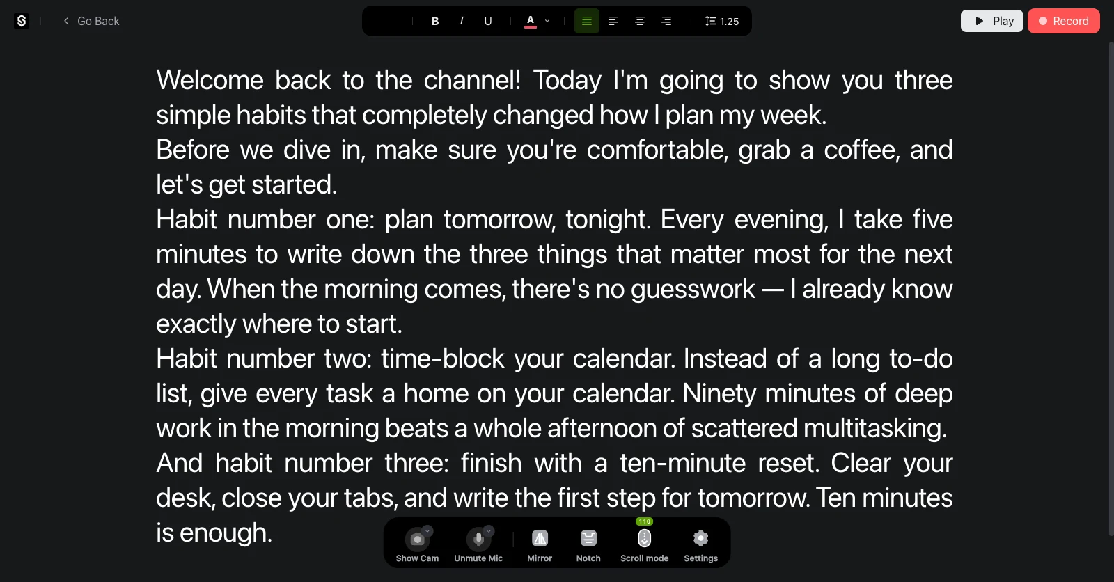 SolPrompter teleprompter view with a script scrolling above the live camera preview
