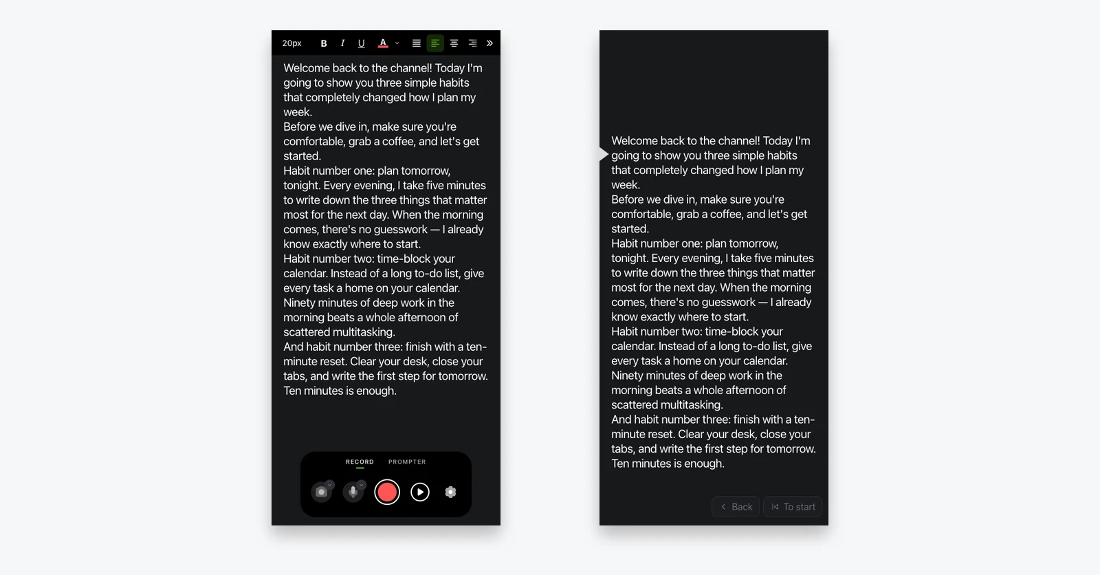 SolPrompter running on a phone: the script editor with the record dock, and the prompter playing full-screen